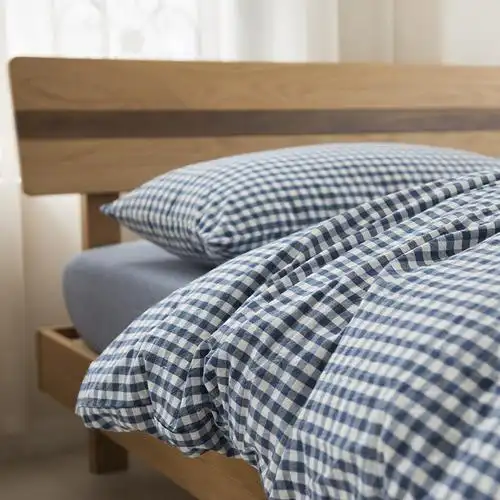 日式无印水洗棉四件套良品格子棉麻床上用品全棉色织简约床单床笠
