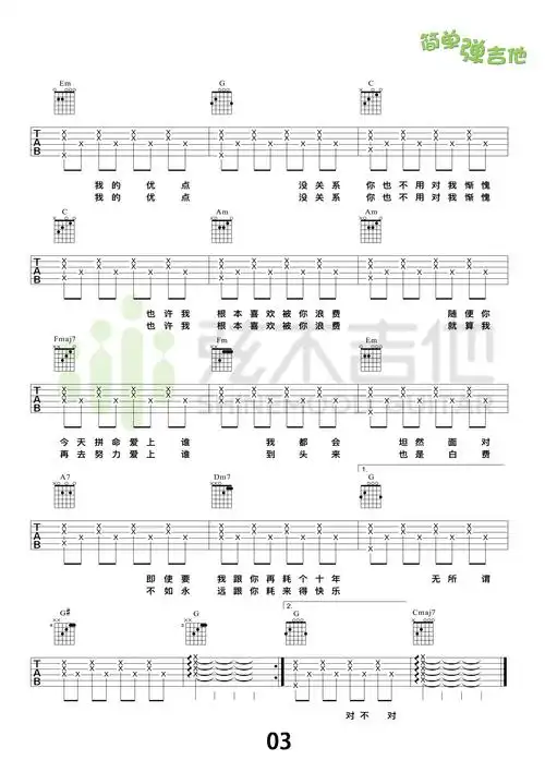 《浪费》吉他谱 林宥嘉 高清弹唱谱(弦木吉他)