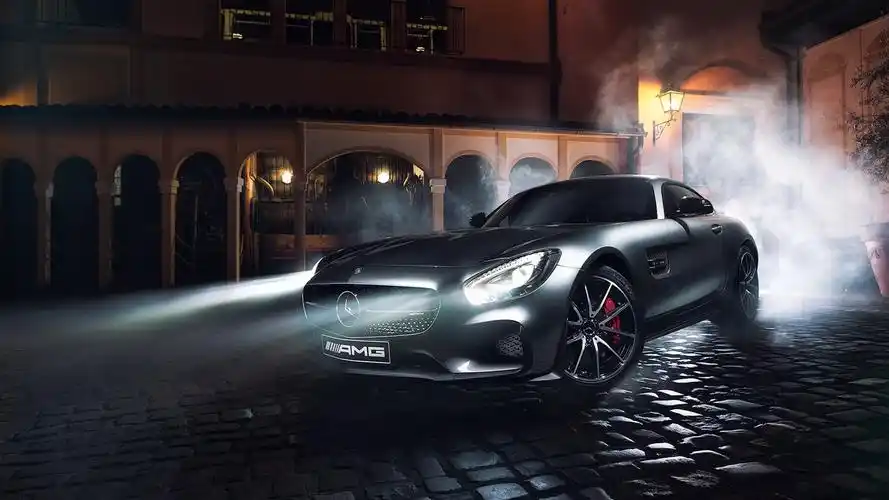 奔驰amg gt s版银色跑车,夜晚,灯光,烟雾 壁纸 - 1600x900