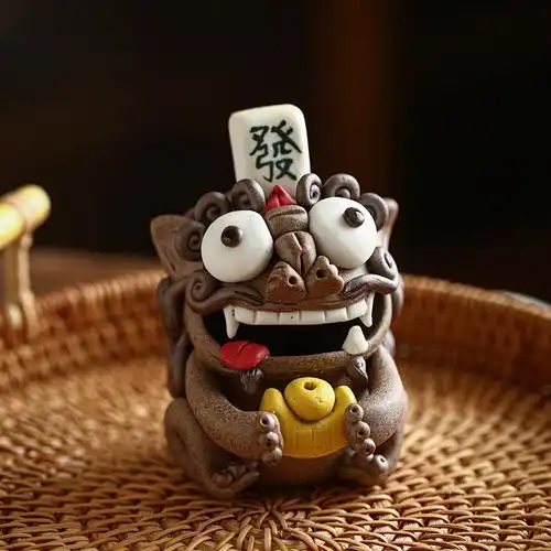 原创景德镇粗陶手捏茶创意麻将发财如意可爱狮子茶宠摆件