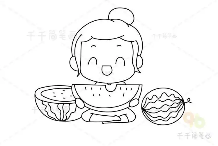 我和夏天有个约会简笔画大口吃西瓜的女孩公主人物简笔画