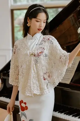 原创设计夏日新款蕾丝镂空开衫披肩外套百搭复古短款女式外搭旗袍