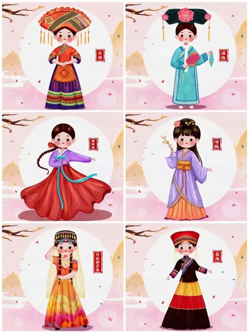 手绘插画‖56民族传统服饰人物插画⑤  超级q萌的56民族孩子手绘插画