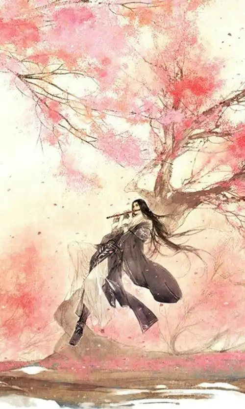古风男桃花树下衣袂飘飘吹笛