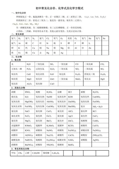 初中常见化合价化学式及化学方程式