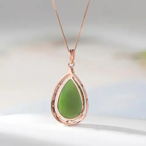 印象眸s925银镶和田玉吊坠银镀玫瑰金镶碧玉水滴形女款玉石吊坠附送