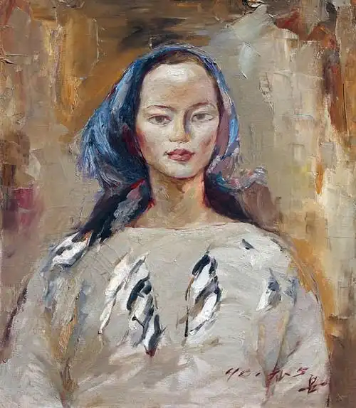 围蓝色头巾的少女 60×70cm 1990年