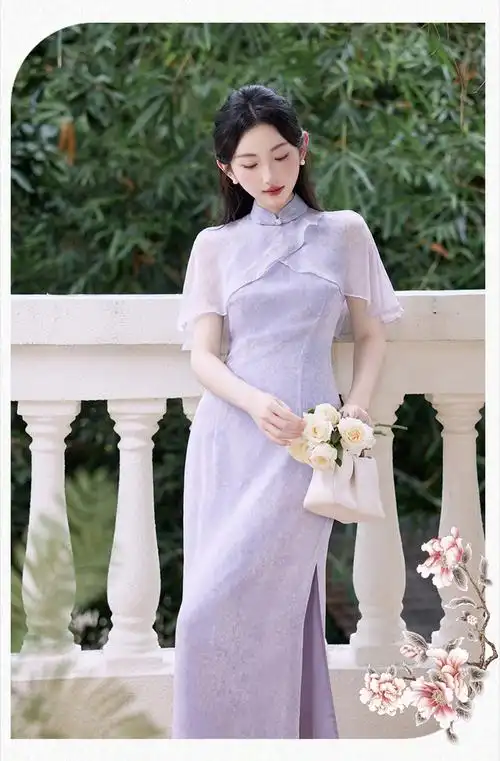 实拍现货紫气旗袍裙改良雪纺连衣裙夏季平时可穿年轻款初恋气质