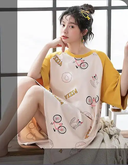 少女睡衣夏季学生韩版夏季睡衣女夏短袖长款可爱女生睡裙宽松大码家居