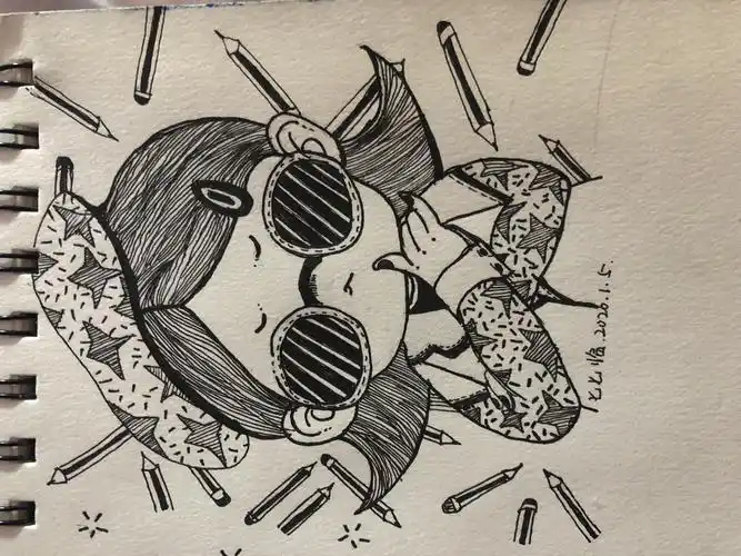 012自学手绘黑白画之戴墨镜背景铅笔女孩附简易过程