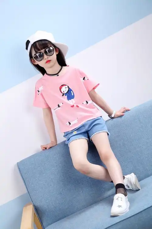 儿童短袖套装2018夏装新款女童t恤牛仔短裤两件套宝宝潮服包邮