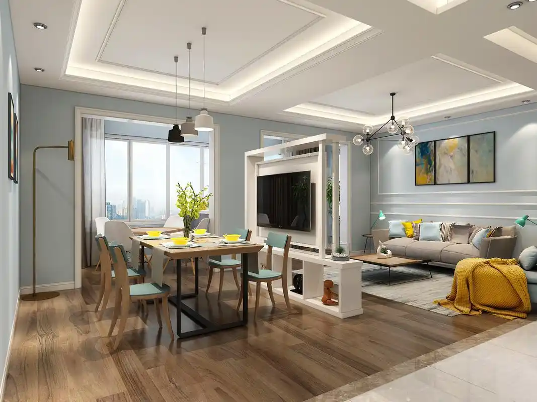 118平米北欧风格客餐厅电视墙隔断效果图