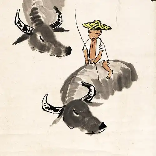 李可染牧童牛图水墨画挂轴条幅卷轴名画复制品字画书房玄关挂画