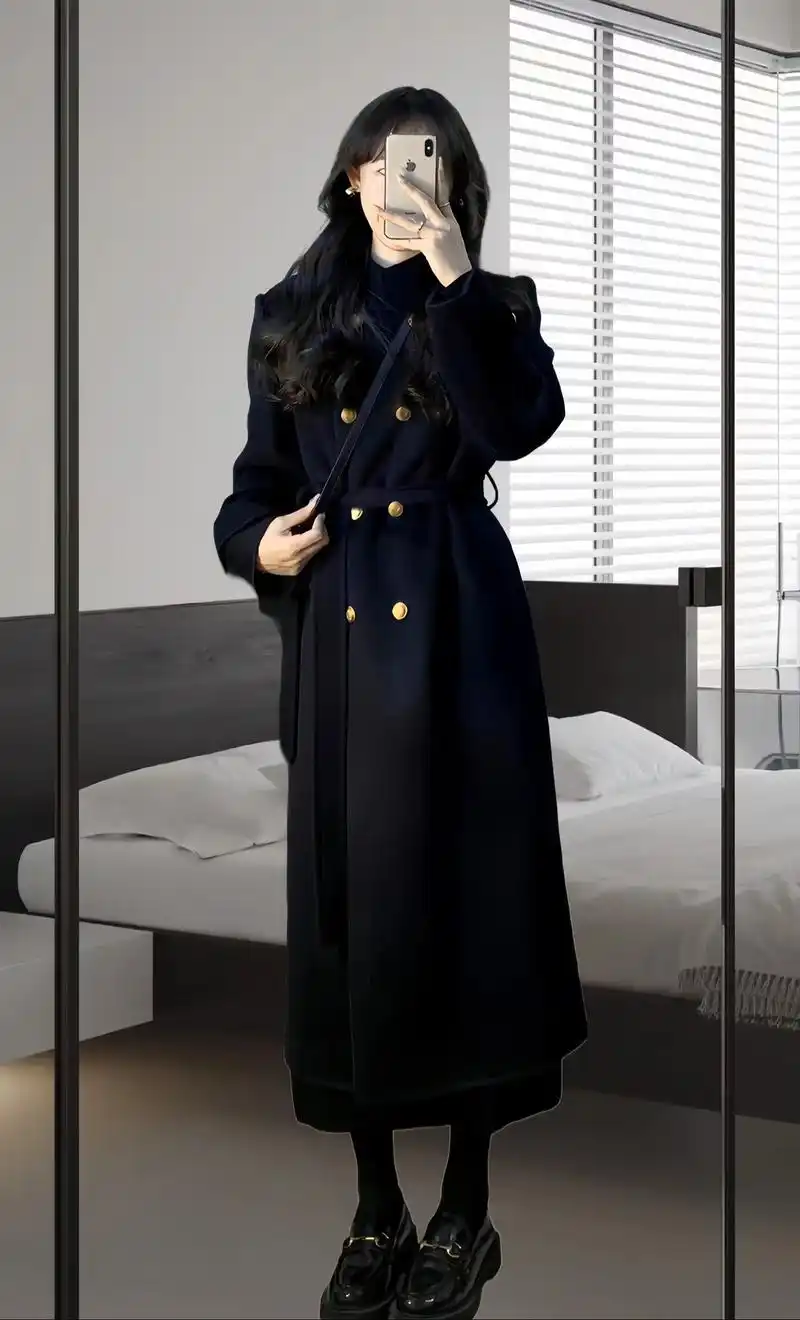 ootd|秋冬赫本风黑色立领毛呢大衣.