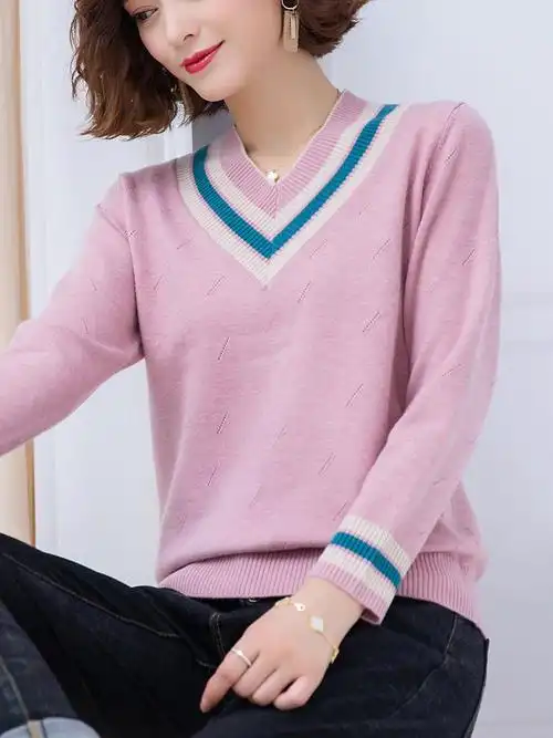 v领上衣女宽松外穿春秋女士鸡心领毛衣短款针织衫秋冬内搭打底衫