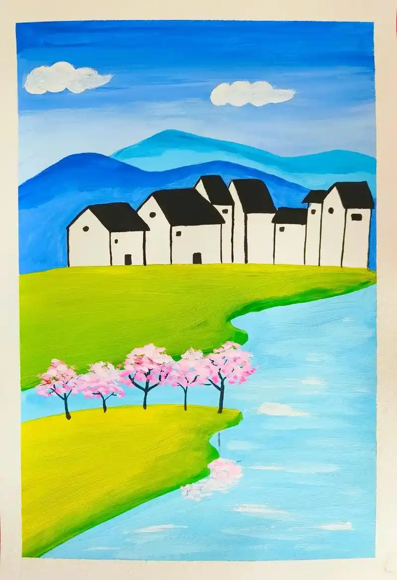 春天来了,画一幅春天的水粉风景画#画画 #儿童画 #零基础学 - 抖音