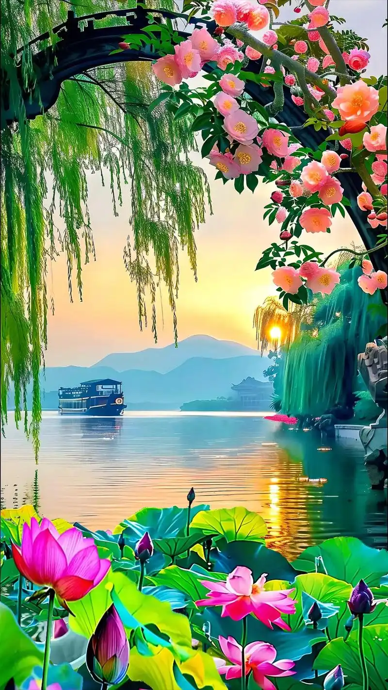 荷花盛开,那层层叠叠的花瓣犹如精美的艺术品,在湖光山色中绽放 - 抖