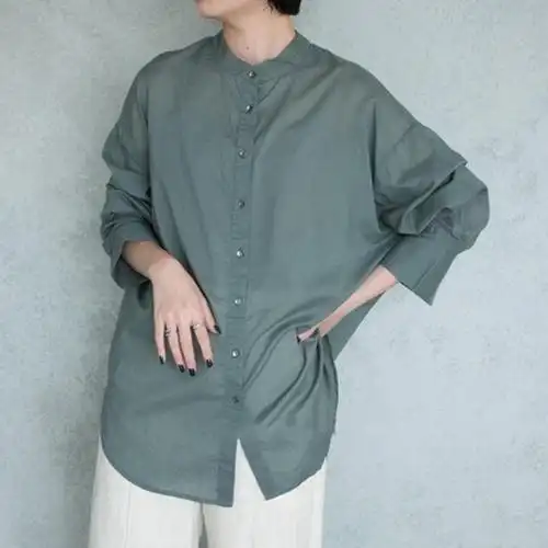 预售2020年春秋新款棉麻立领衬衣褶皱袖子宽松亚麻上衣
