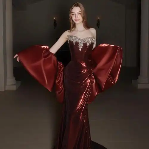 重工抹胸晚礼服女高级感宴会气质鱼尾名媛红色亮片新娘结婚敬酒服