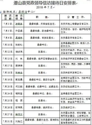 潜山县党政领导信访接待日安排表