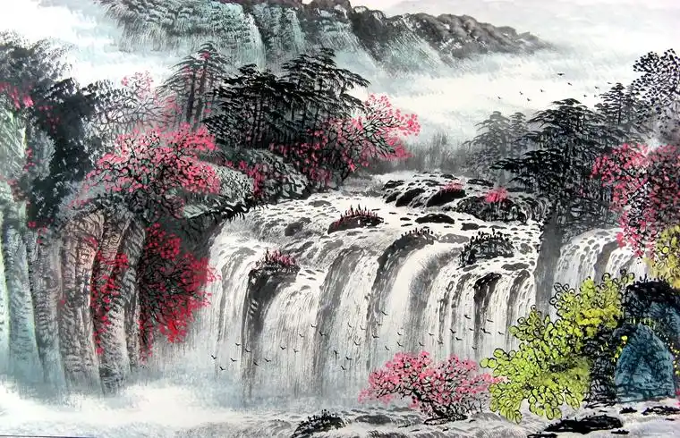 小六尺瀑布山水画
