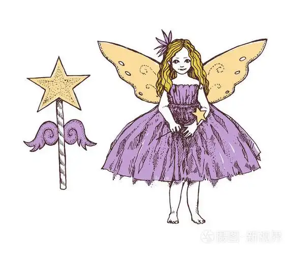 迷人的小女孩带着魔杖和仙女的翅膀. 一个小天使. 图形手绘插图.