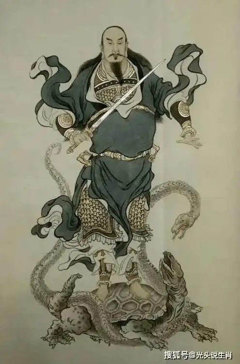 道经中描绘真武大帝的形象是披发黑衣,金甲玉带,顶罩圆光,形象十分