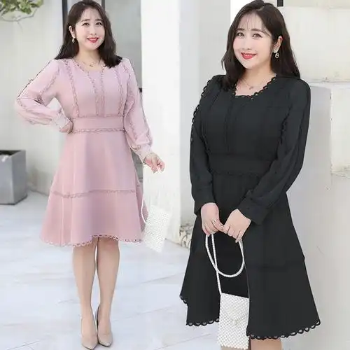大码女装适合胖人穿的裙子200斤春秋微胖mm遮肚子藏肉长袖连衣裙