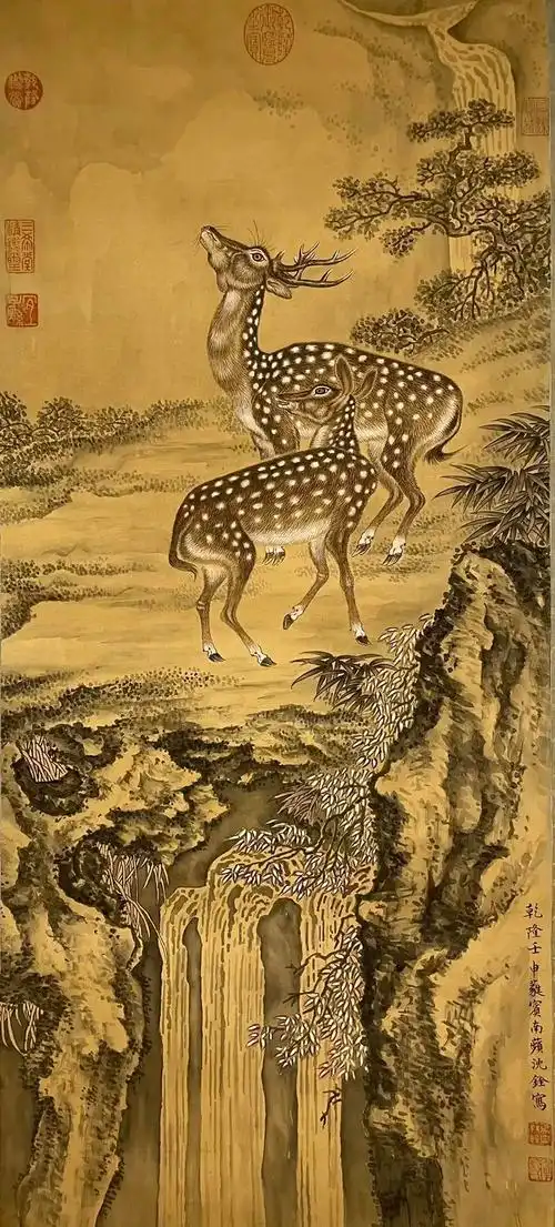 沈铨 双鹿图 ,回流绢本 ,尺寸96x41cm