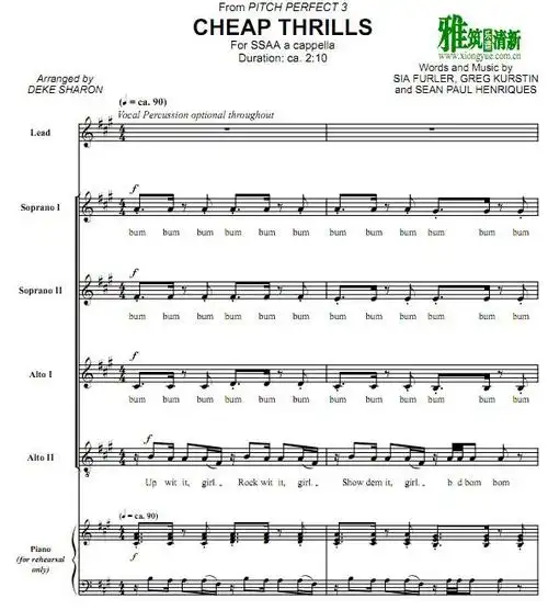 琴谱  楽谱  五线谱  pitch perfect完美音调3 - cheap thrills 阿卡