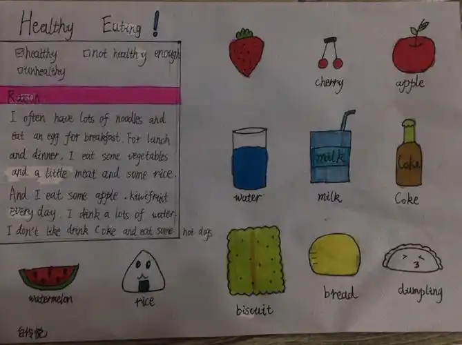 五年二班英语手抄报"健康饮食""单元总结"学生作品