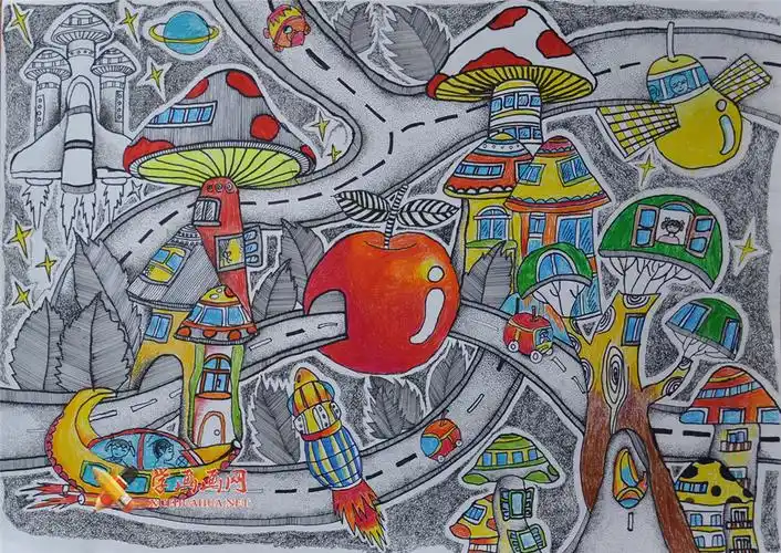 一年级小学生优秀科幻画《未来的植物太空城市》