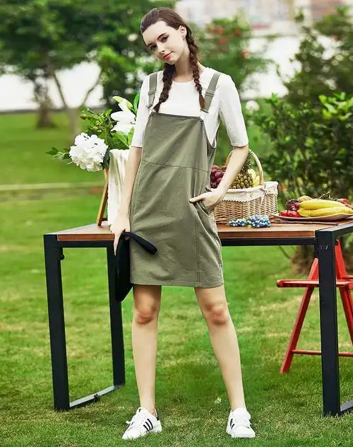 军绿色茧型简约背带裙