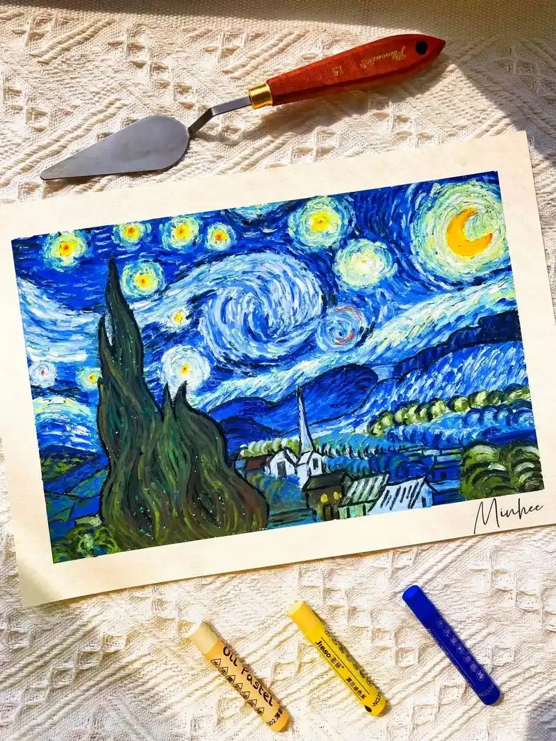 彩研油画棒教程之梵高《星月夜》"在画家的生命里,死亡可能不是 - 抖
