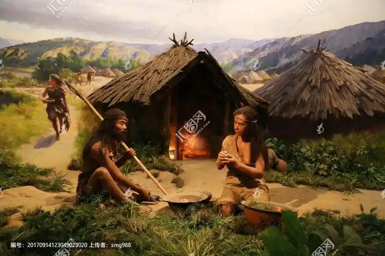 原始人家庭和草棚