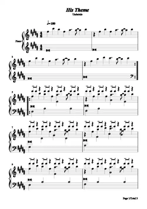 his theme钢琴谱_toby fox_b调 _流行钢琴谱五线谱独奏谱_钢琴谱|钢琴