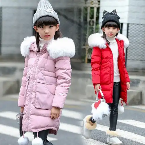 童装2018冬季女童新款中大童连帽可拆毛领下摆毛球长款手塞棉棉衣