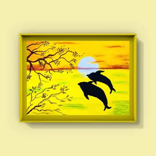 儿童创意画夕阳下的海豚