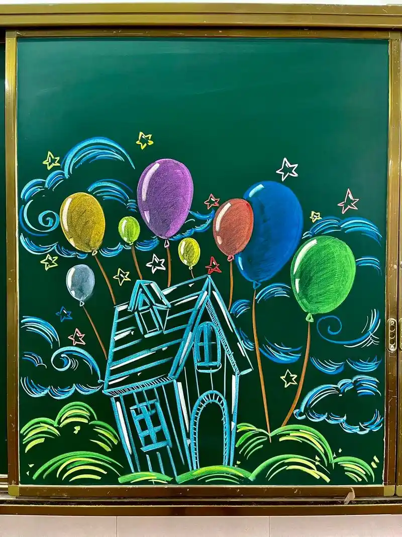 会飞的房子.#图文伙伴计划 #黑板报 #简笔画 #粉笔画 # - 抖音