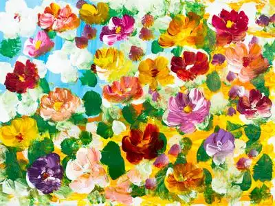 抽象色彩鲜艳的花,手绘背景,画笔,丙烯酸画,画布壁纸纹理. 现代艺术.