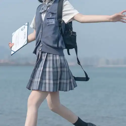 jk霭川春季制服现货格裙原创校供粉线蓝格半身裙