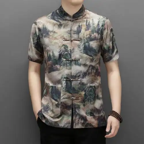 夏季短袖唐装男休闲衬衫中国风男士爸爸装爷爷汉服中老年衣服上衣