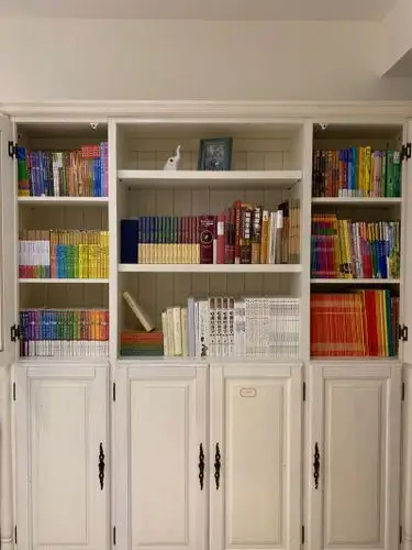 整面墙的大书柜,一定不要全部做成敞开式的,选择部分遮挡.