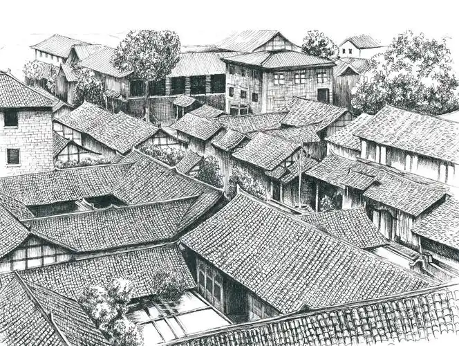 手绘成都宽窄巷子系列明信片