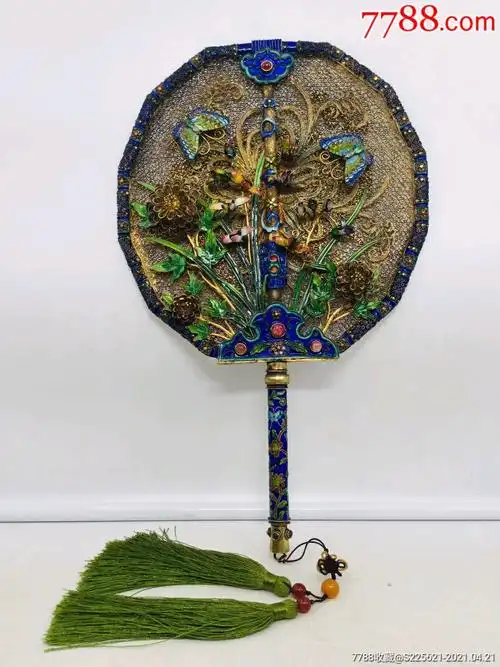 宫廷式纯银鎏金花丝镶嵌碧玺蓝宝石宫扇