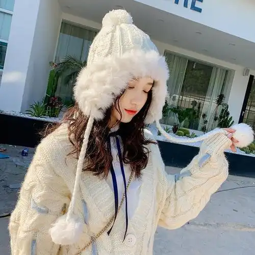 karond新品冬天帽子女款毛线帽女冬天仿兔毛帽子保暖韩版甜美可爱冬季