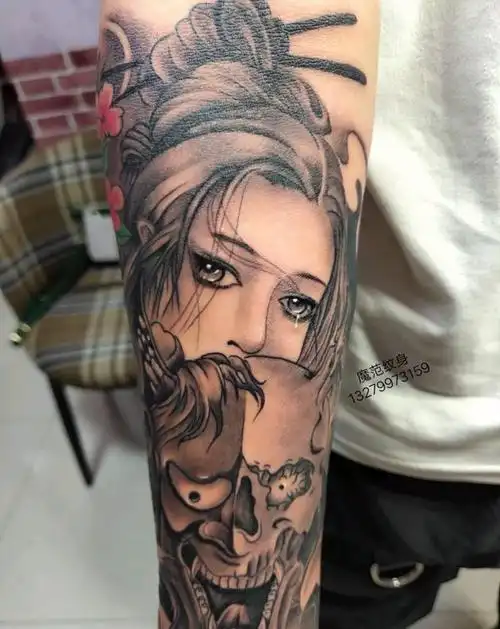 落泪艺妓纹身图片手臂腿部新传统艺妓纹身图案