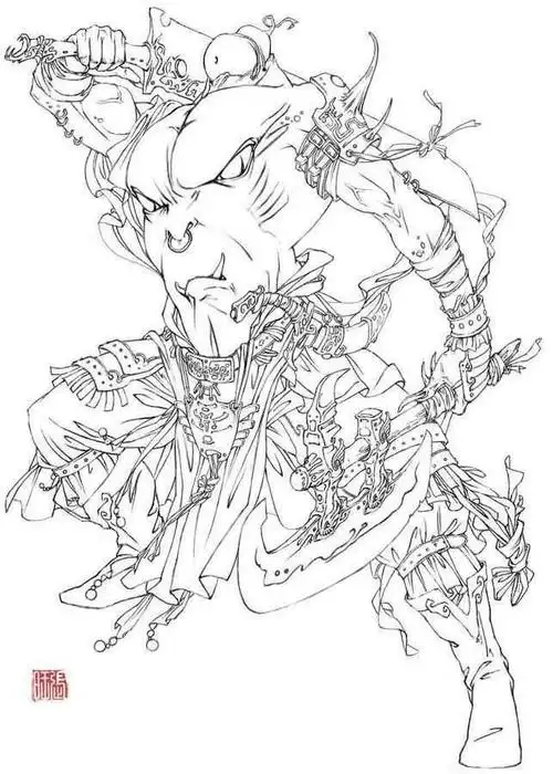 张旺插画十大妖仙之刑天白描线稿