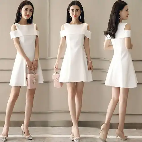 港风味一字肩连衣裙夏装小清新学生女韩版中长款露肩仙女初恋气质