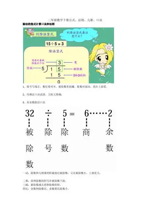 二年级数学下册公式,法则,儿歌,口诀 除法的竖式计算口诀和法则 1